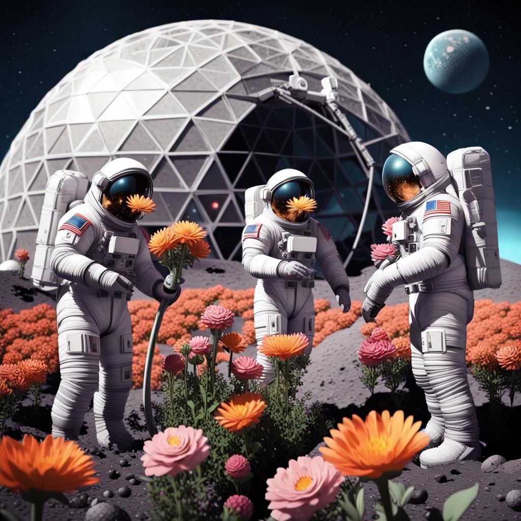 Astronauts Tend Lunar Garden in Sci-Fi Art