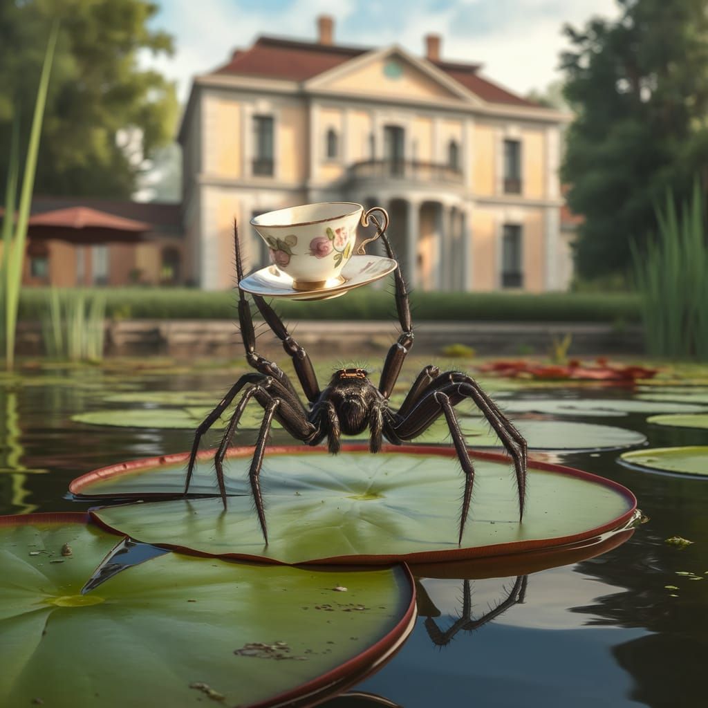 Spider Sipping Tea in Tranquil Pond