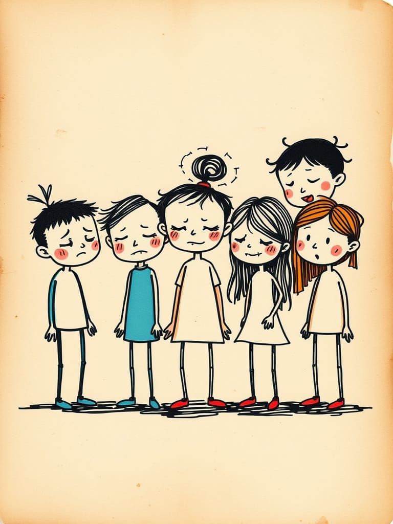 Whimsical Characters Expressing Emotion in Bold Ink Style