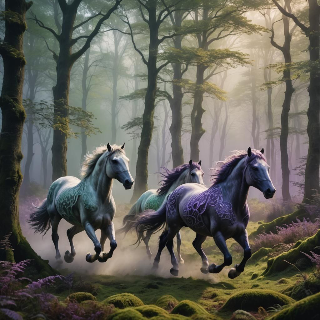 Horses Galloping Through Mystical Forest in Fantasy Concept ...