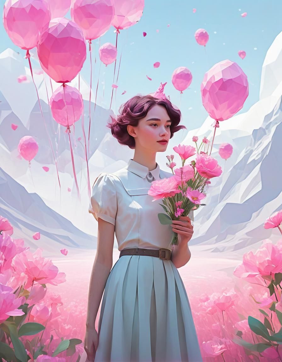 Birthday Card with Pink Flowers in Dieselpunk Style