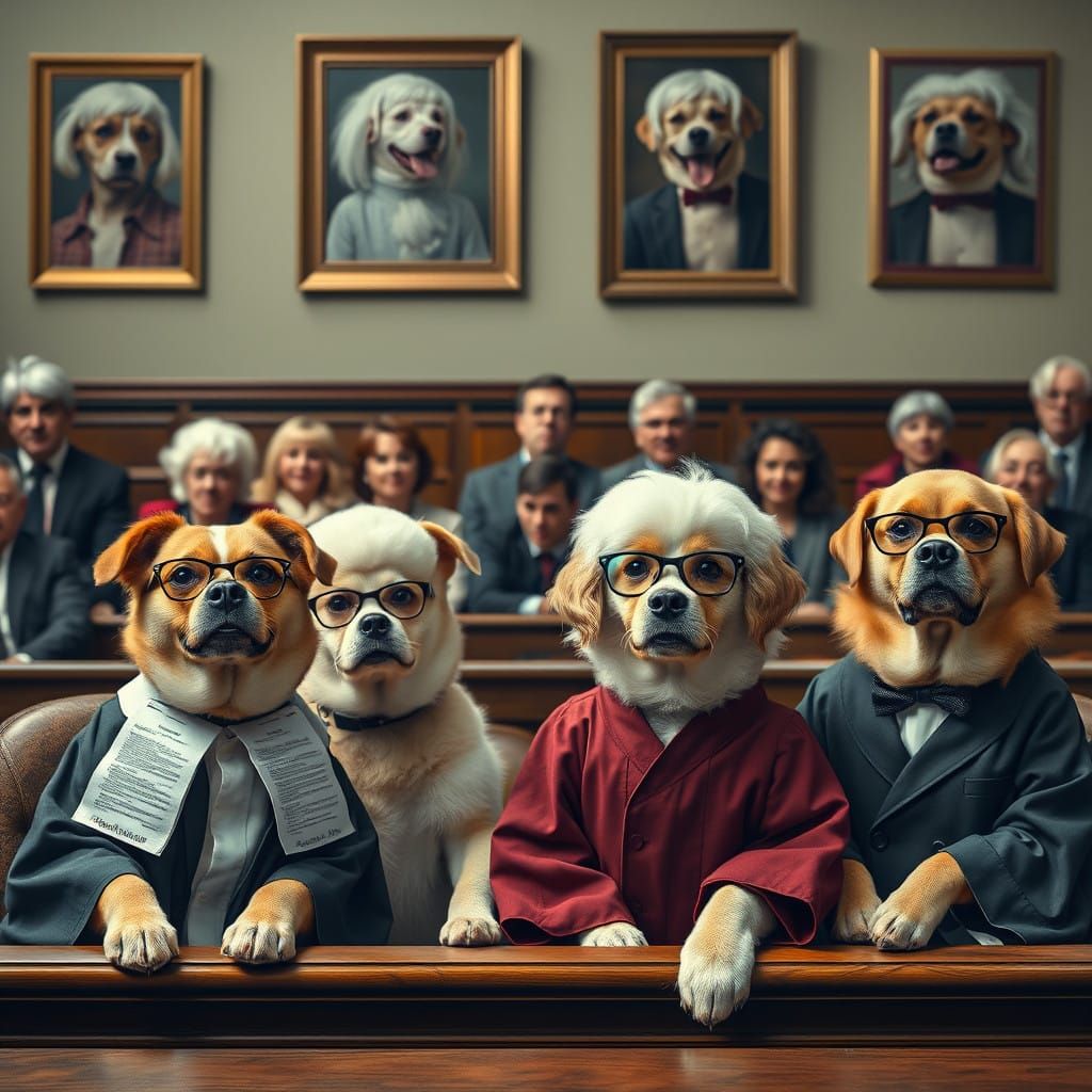 Canine Courtroom Chaos in Realistic Style