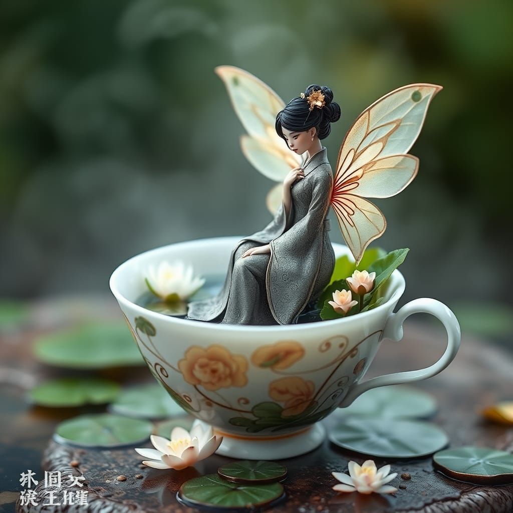 Fairy Geisha in Teacup, Yoshitaka Amano Style
