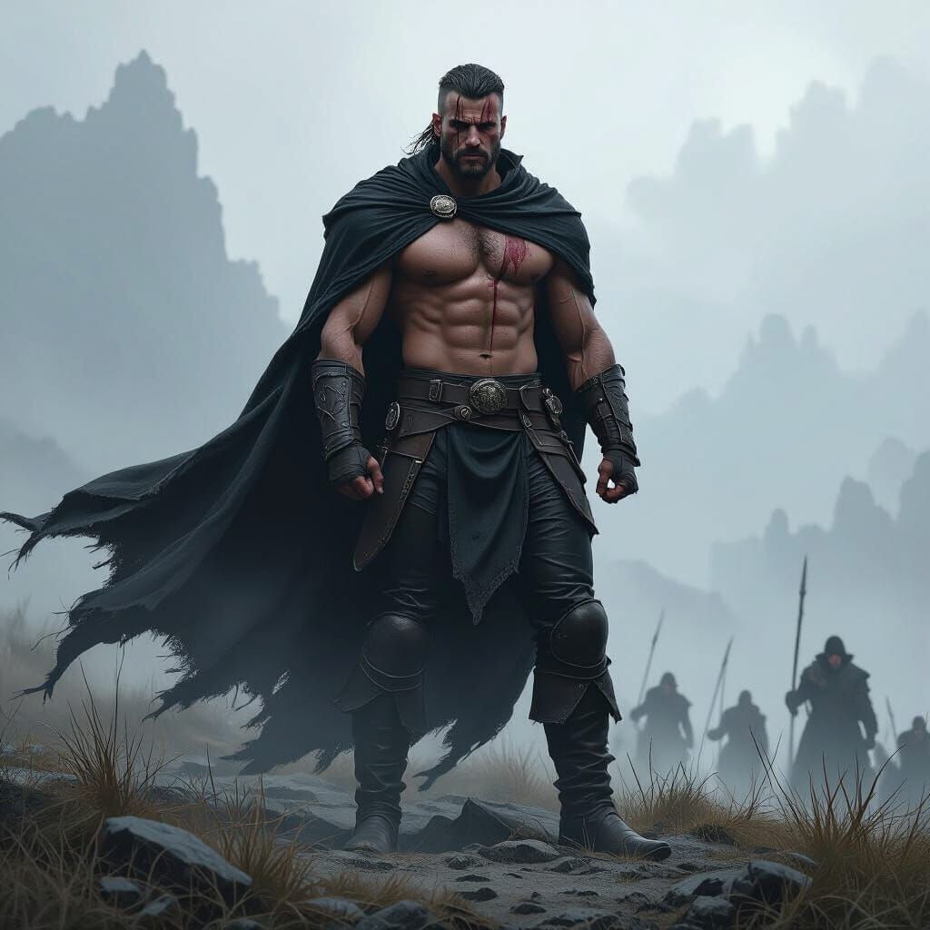 Warrior on Windswept Battlefield in Detailed Digital Art