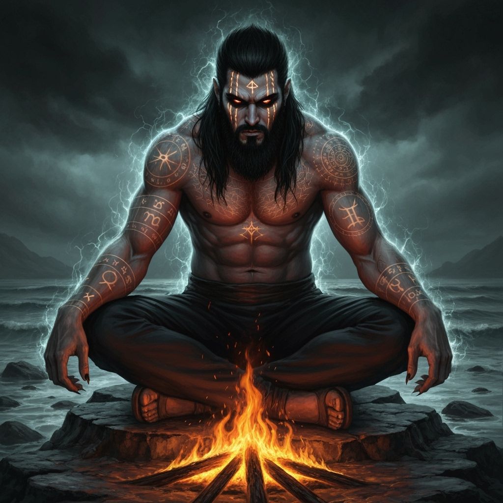 Dark Sorcerer with Arcane Runes by Firelight