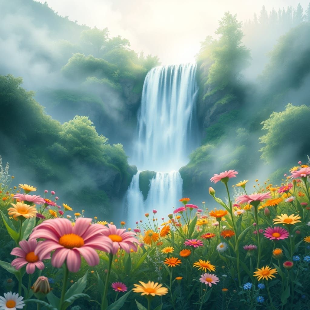 Misty Waterfall in Whimsical Watercolor Style