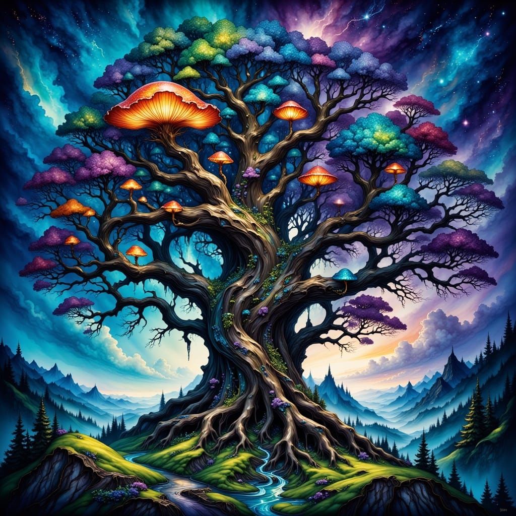 Ancient Tree Under Cosmic Twilight Sky