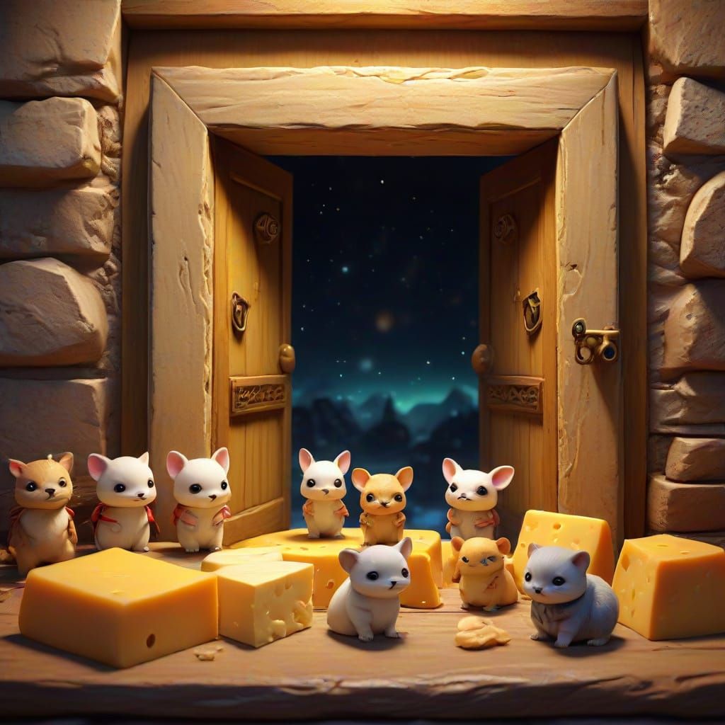 several chibi wuxia animals look out from A glowing door in ...