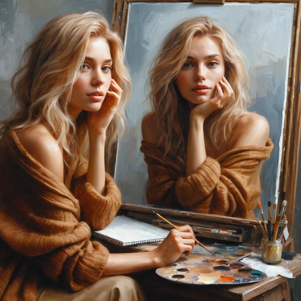 Impressionist Woman Painting Self-Portrait in Golden Light