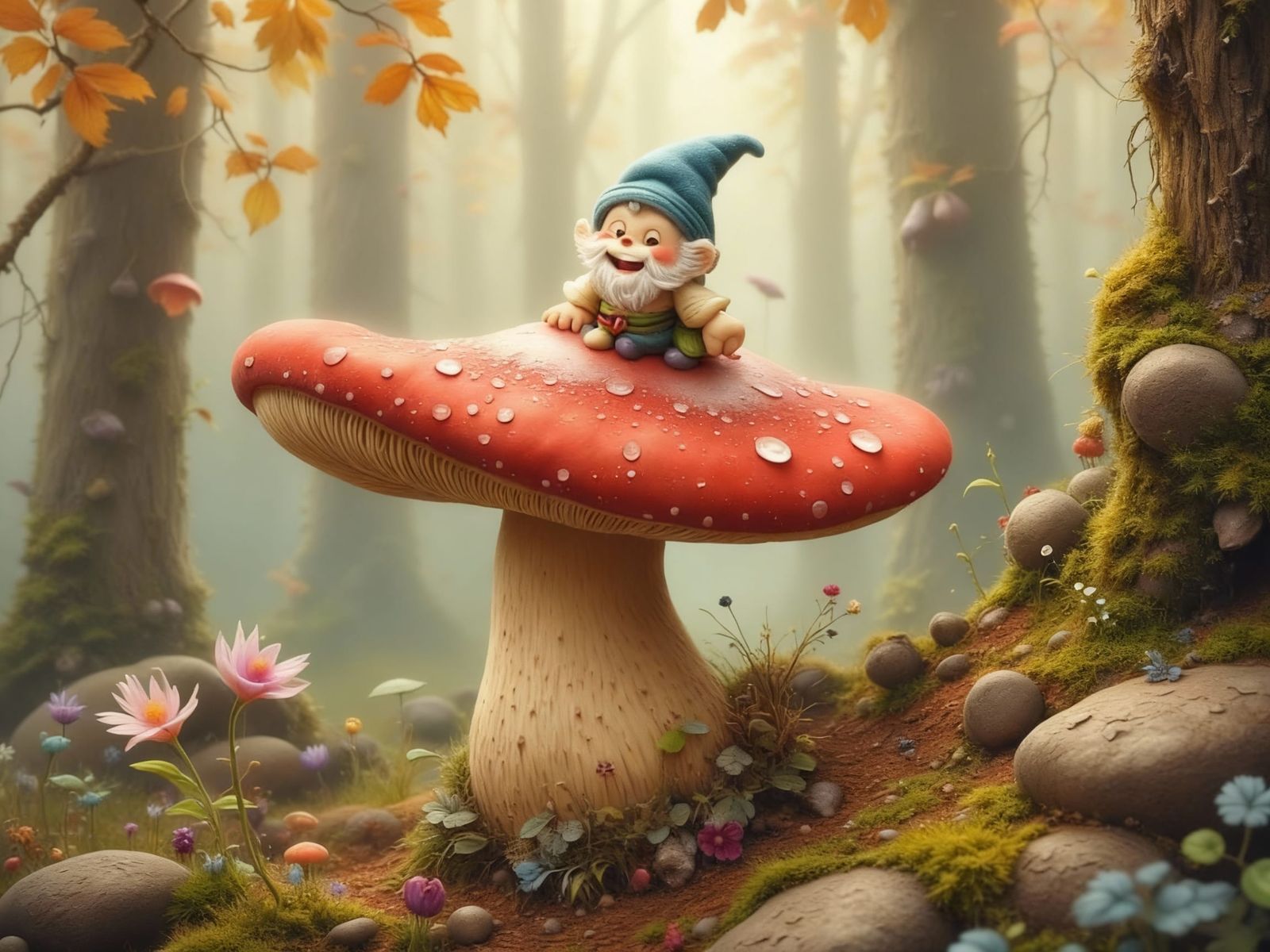 Smiling Miniature Gnome Sits on a Mushroom