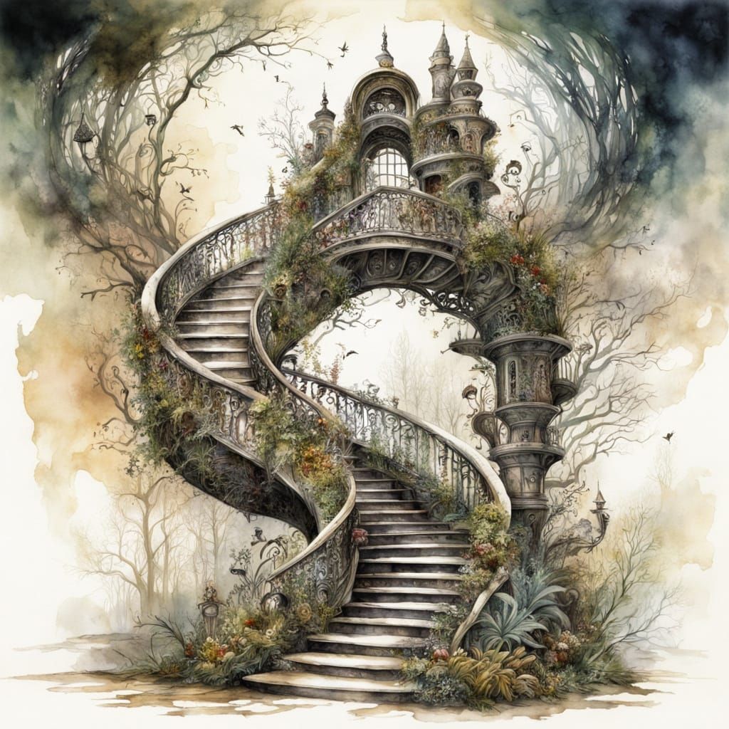 Surreal Winter Staircase Illustration in Watercolor Style