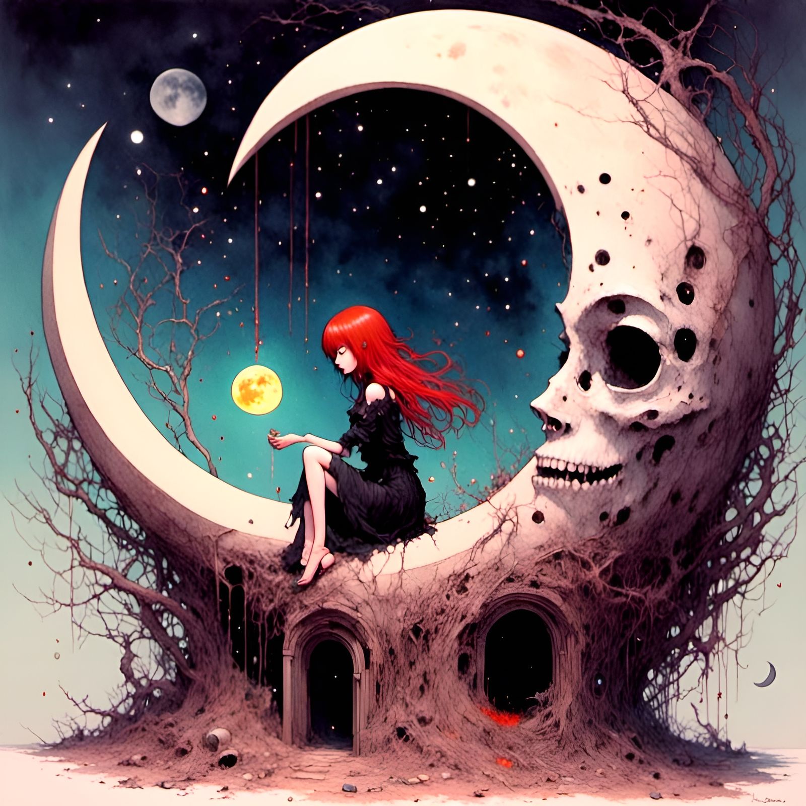 Witch in Moon Hole in Watercolor Style