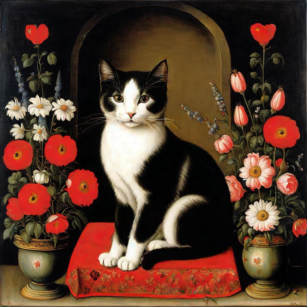 Cat on Pillow in Early Netherlandish Style