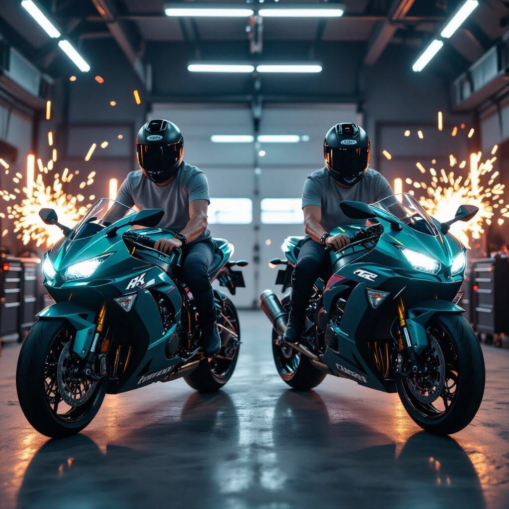 Hyper-Realistic Garage Scene with Motorbikes and Motion Blur