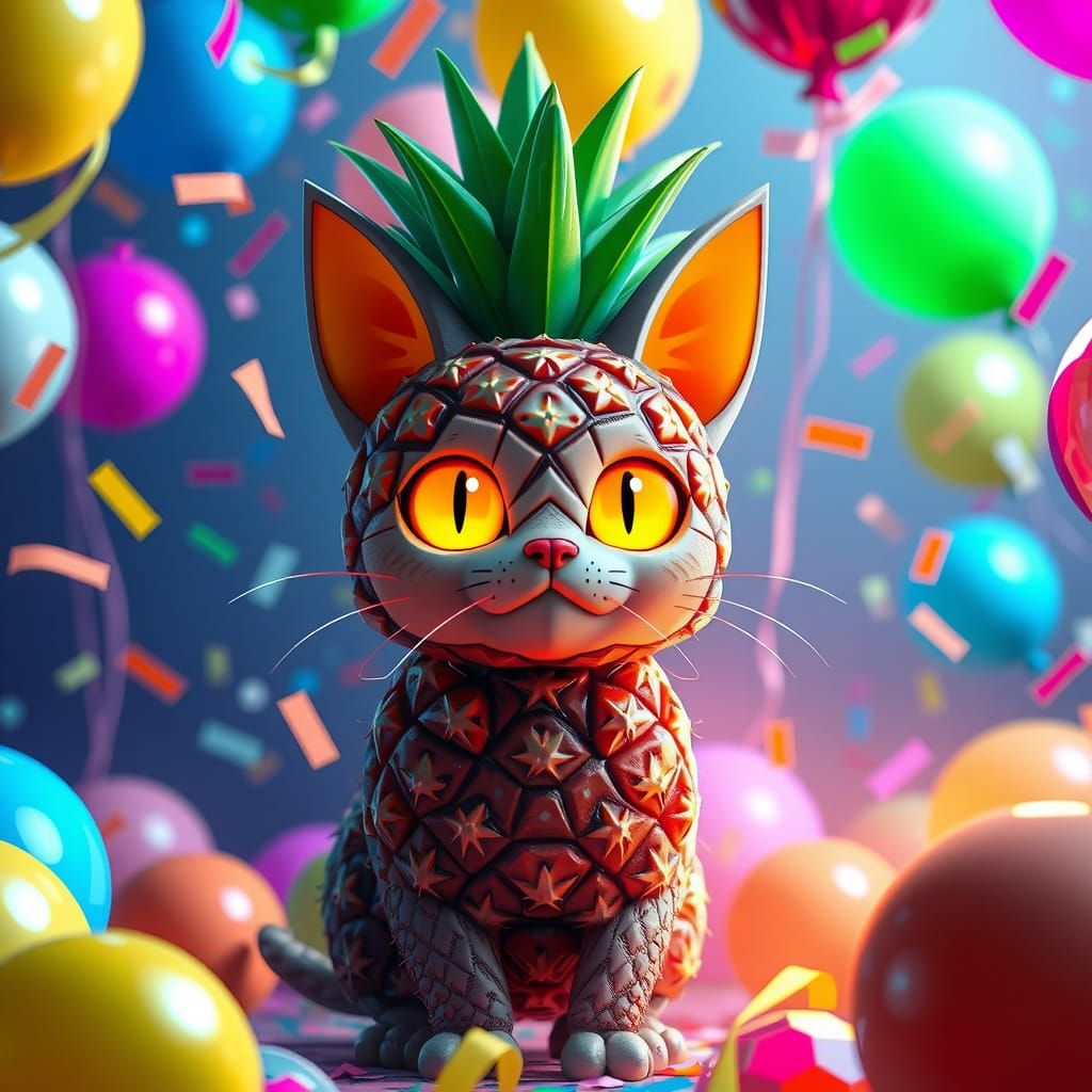Vibrant Pineapple Cat Celebrates in a Neon-Lit Party