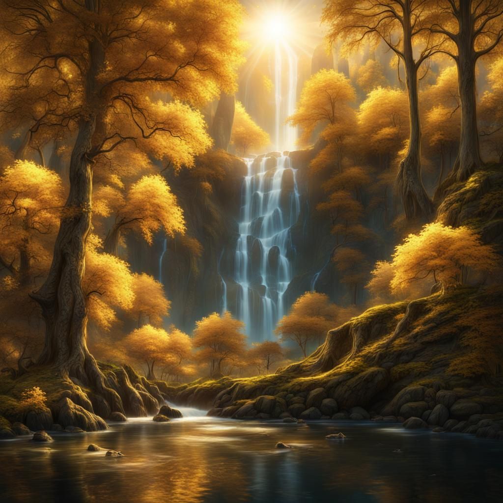Golden Forest Waterfall: Epic Digital Matte Painting