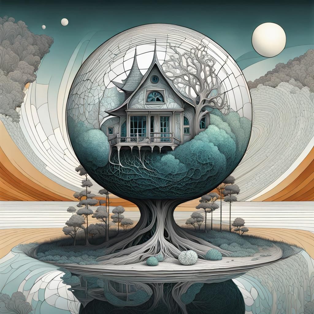 Whimsical Witch House Reflected: Abstract 3D Optical Illusio...