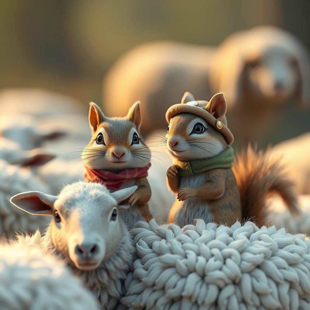 Cute Squirrels Tend to Sheep in a Vibrant Anime Style