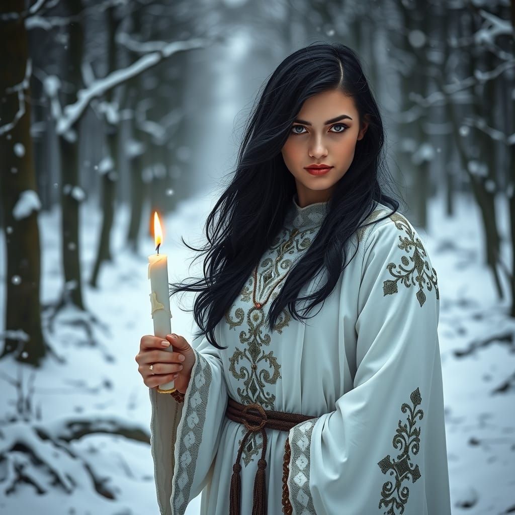 Woman Warrior in Snowy Forest, Hyperrealistic Scene