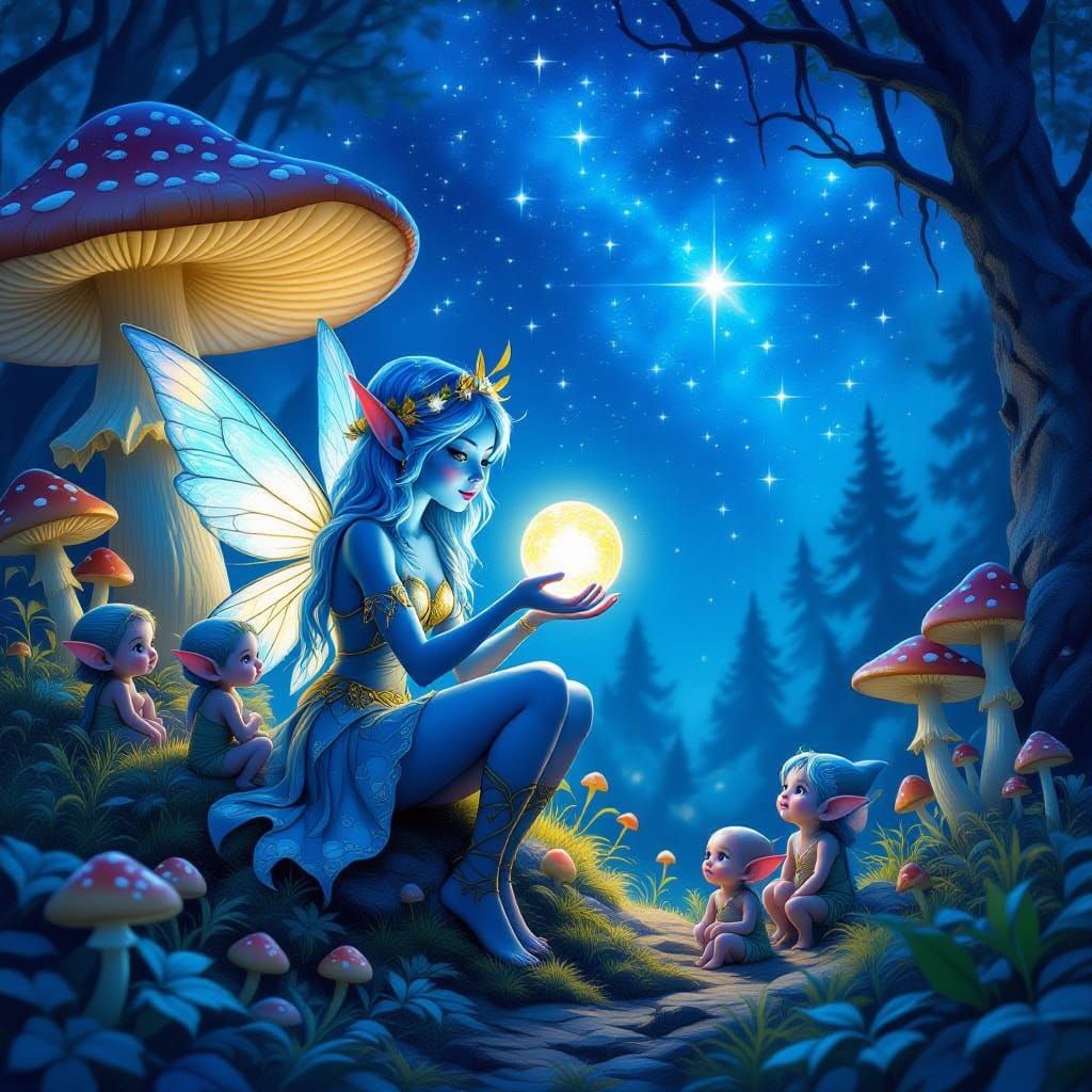 Magical Fairy Elf with Orb in Enchanted Mushroom Forest