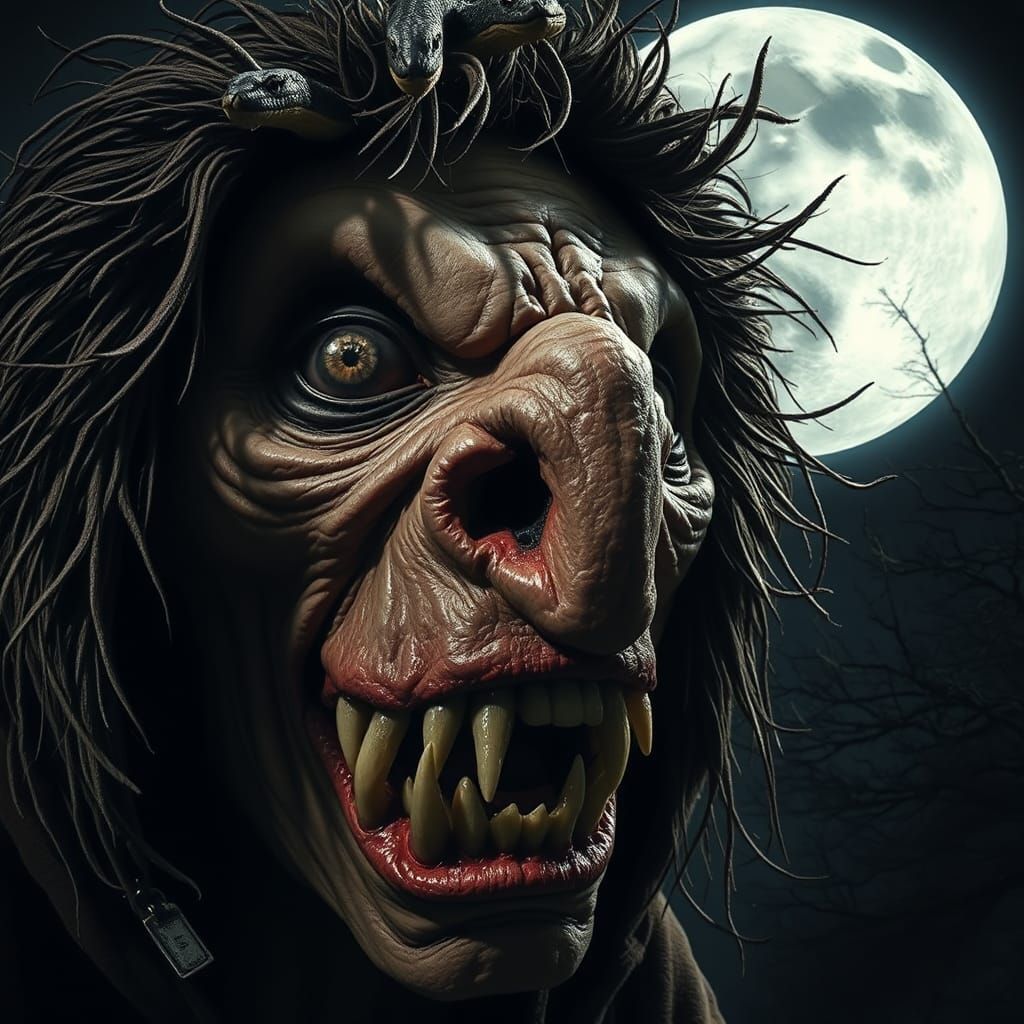 Fisheye lens close-up of a frightening Baba Yaga face.