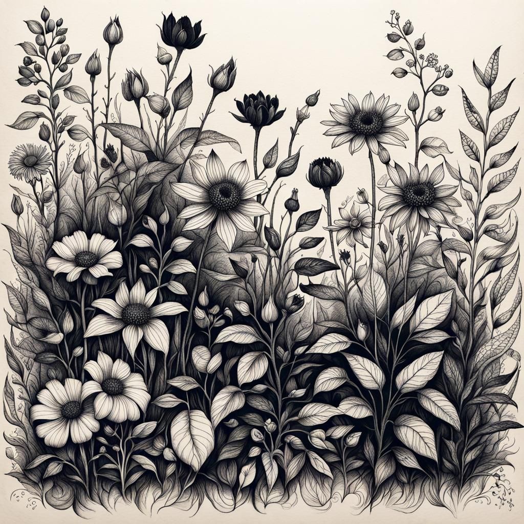 Intricate Black and White Floral Ink Drawings