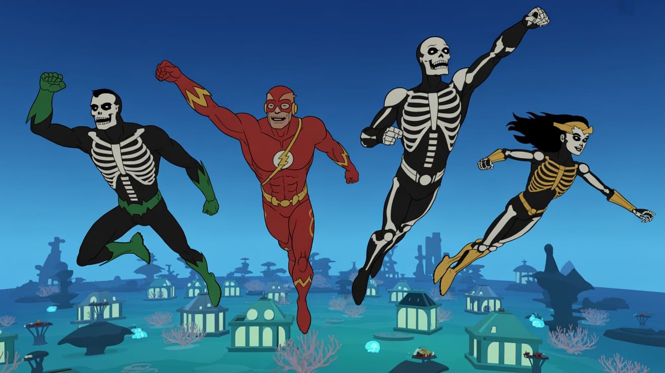 Skeleton Justice League of America over a city.