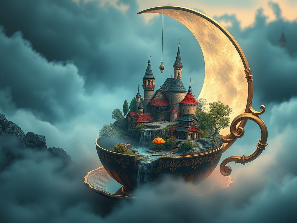 Fantasy Village Inside Moon Teacup with Magic Hour Lighting