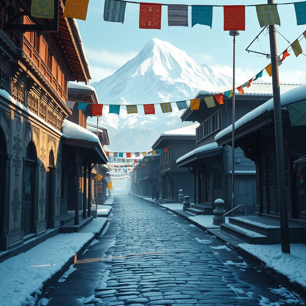 Nepali Street Scene with Snow-Capped Himalayan Mountain