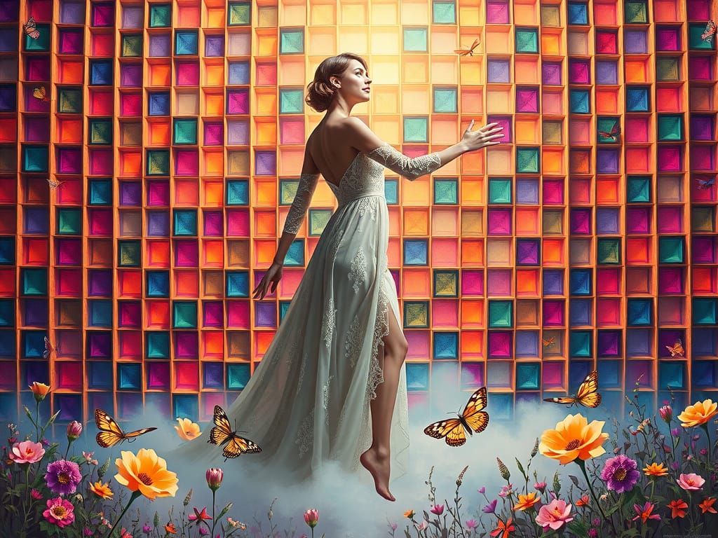Surrealist Goddess Amidst Whirling Grid of Wildflowers and I...