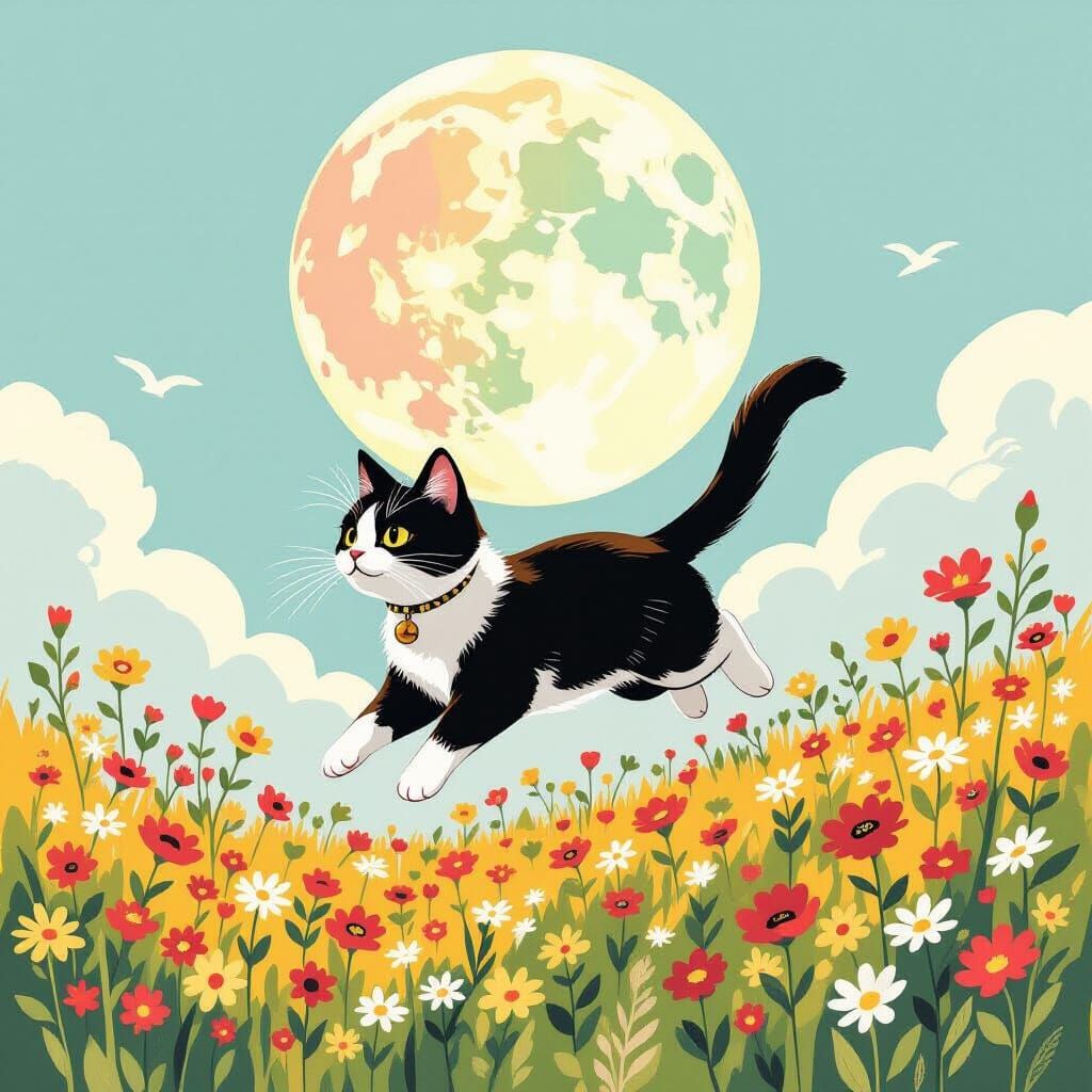 Cat Leaping Through Wildflowers in Beatrix Potter Style
