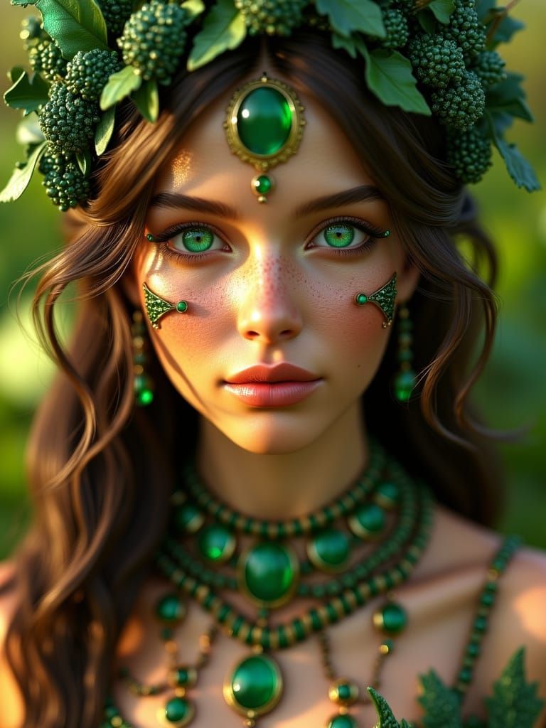 Nature Goddess Portrait with Emerald Necklace