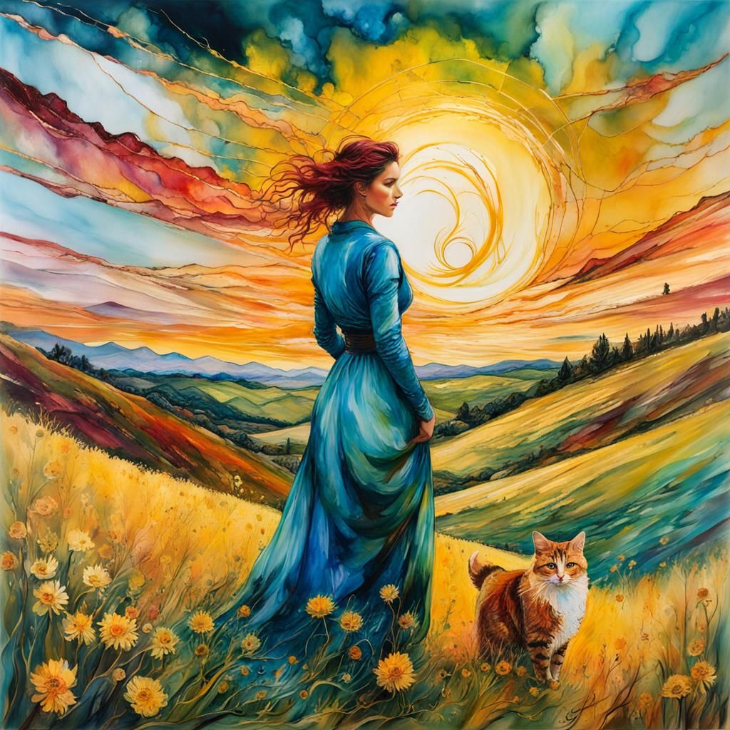 Encaustic Spring Landscape with Woman and Cat