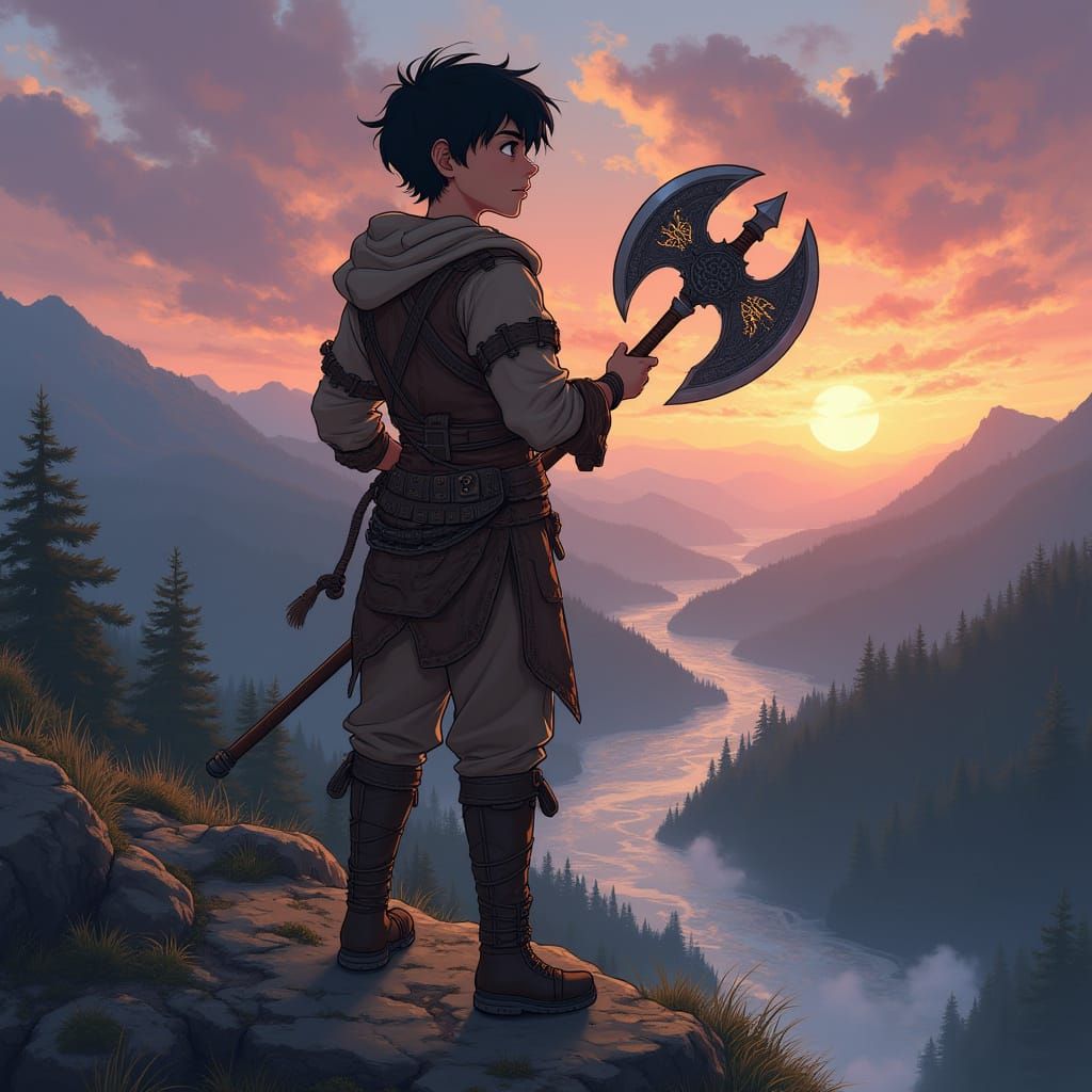 Anime Boy with Axe on Hill at Sunset