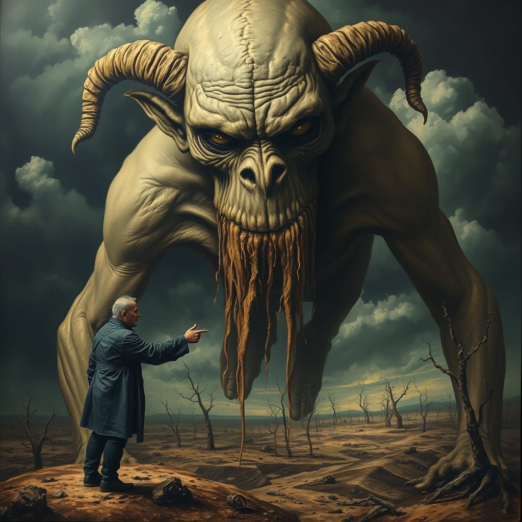 Ogre Weeps Drought Tears in Dark Fantastical Oil Painting