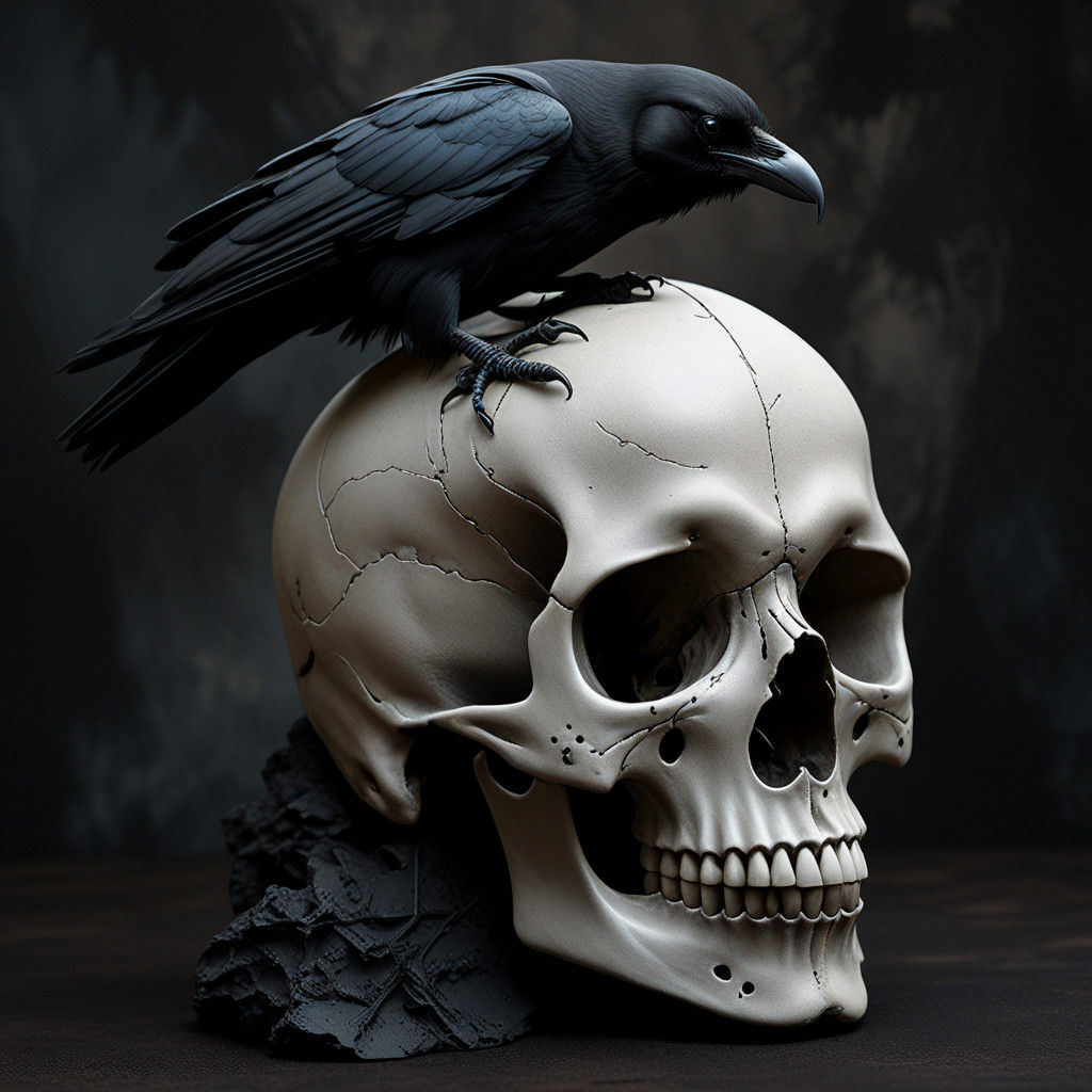 Gothic Hyperrealism: A Raven's Perch on Eerie Skull