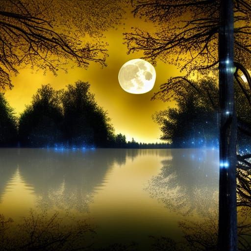 Golden Tree Reflected in Overgrown Lake at Dawn