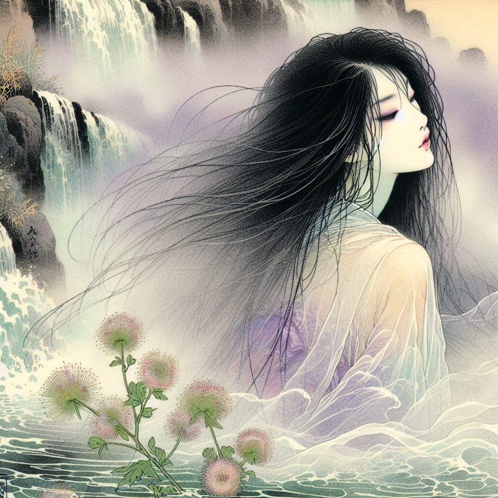 Dreamy Asian Woman in Ukiyo-e Watercolour Print