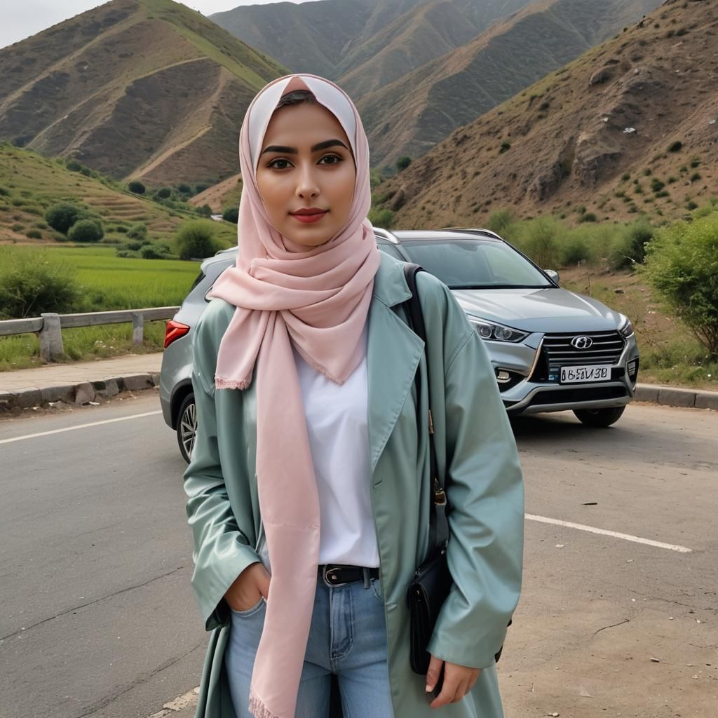 Girl in Hijab Posing Near Silver Hyundai