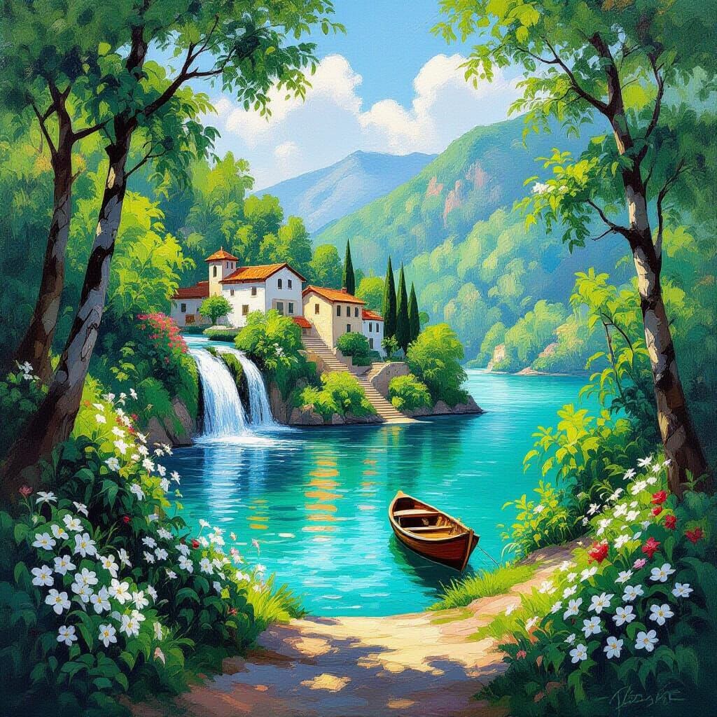 Impressionistic Landscape with Village and Waterfall