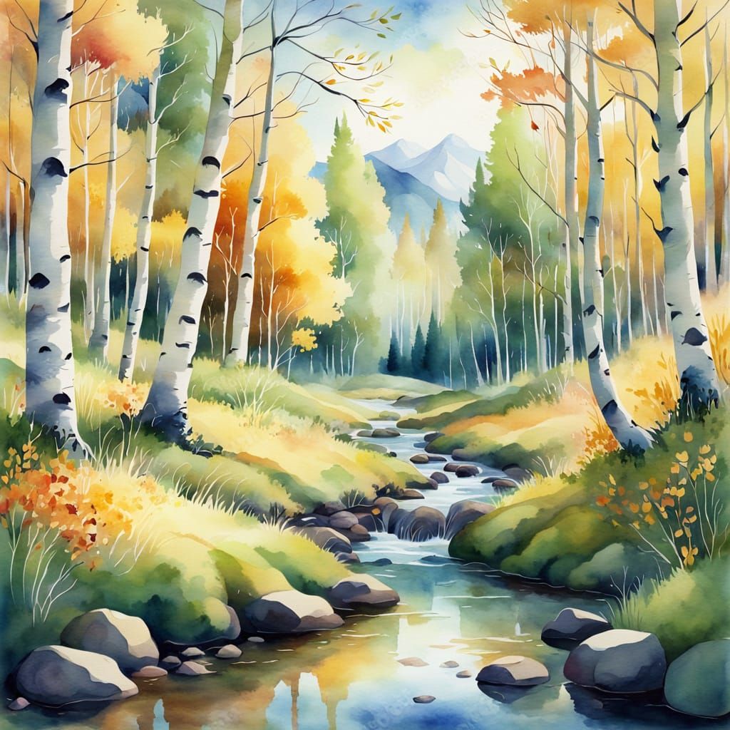 Aspen Grove Brook: A Watercolor Fantasy Landscape