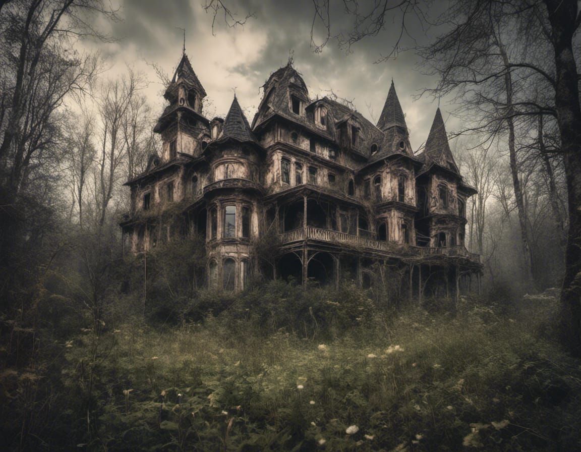 Ornate Abandoned Mansion in Overgrown Forest Clearing