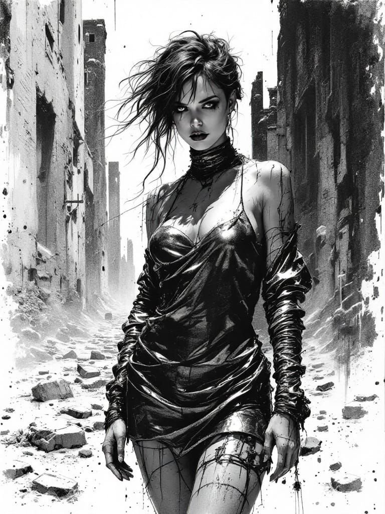 Post-Apocalyptic Pin-Up Woman in Gold Dress