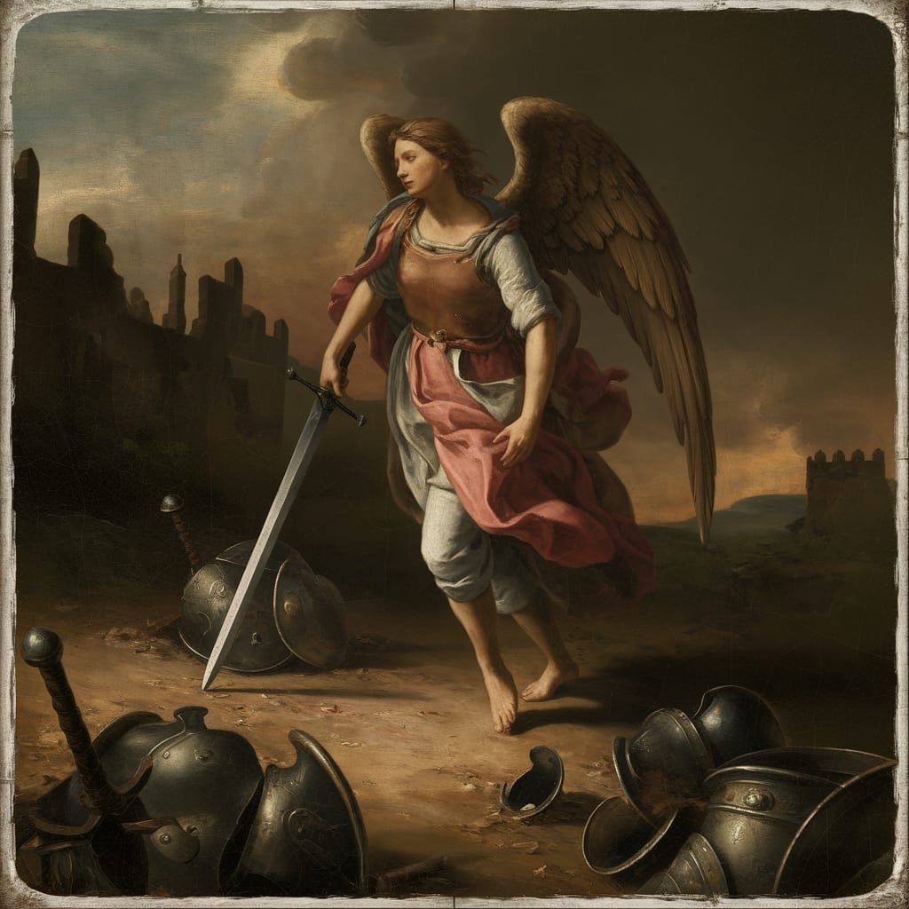 Angel Warrior on Ancient Battlefield in Caravaggio Style
