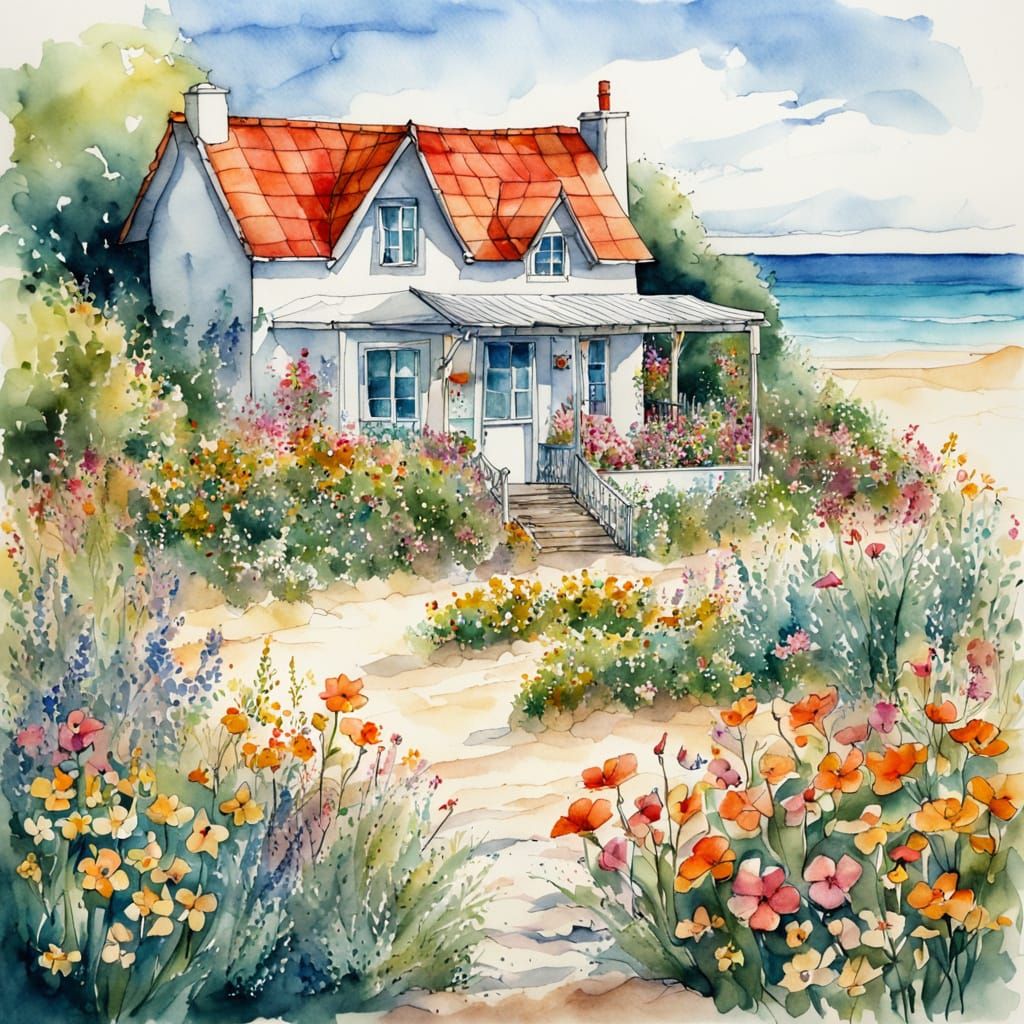 Beach Holiday Home with Flower Garden: Watercolor and Ink