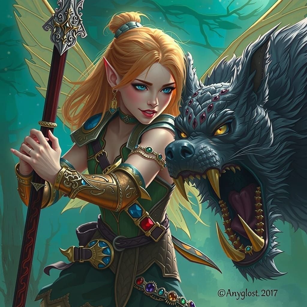 Regal Fairy Elf Warrior Battles Werewolf in Moonlit Forest
