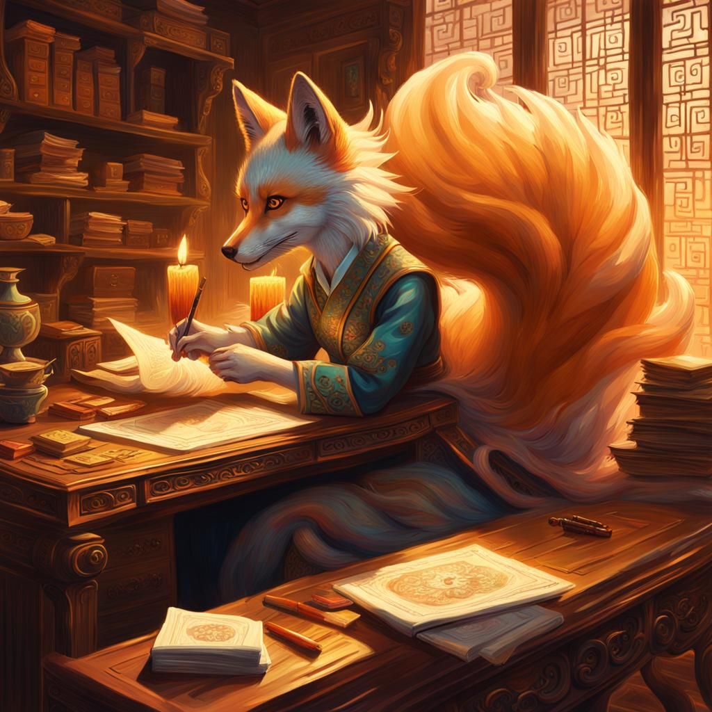 Kitsune Accountant in an Epic Fantasy Oil Painting