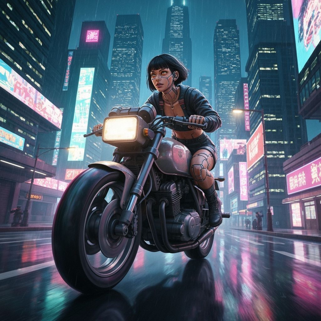 Cyberpunk Biker Rides Through Neon Cityscape