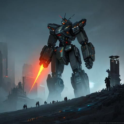 Giant Robot Battle on Bridge: Sci-Fi Concept Art