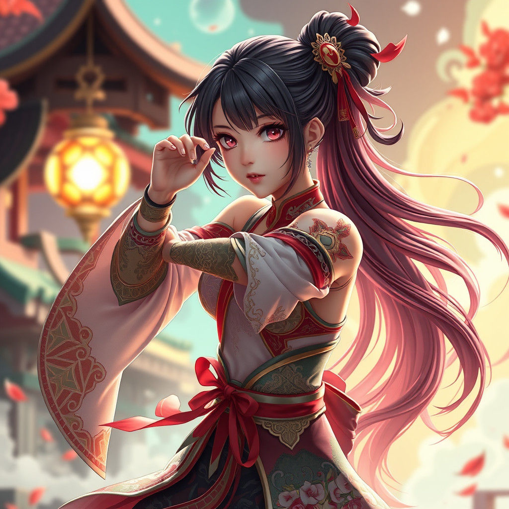 Dynamic 3D Anime Woman in Action-Packed Stance